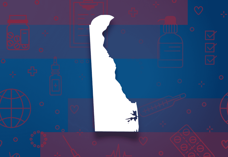Medical Waste Delaware White Delaware outline over medical icons on blue and red background representing medical waste disposal in Delaware.