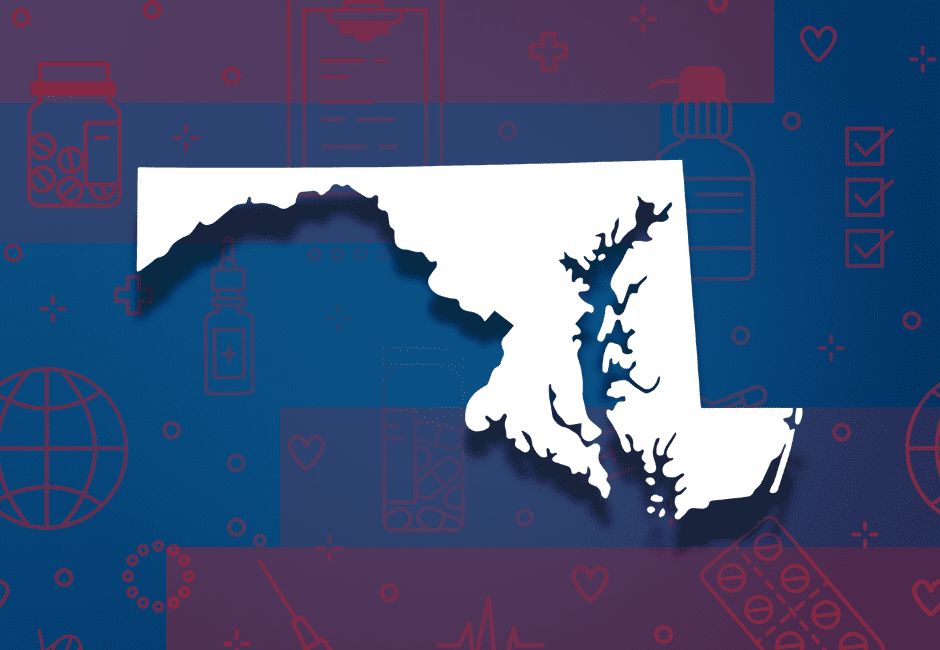 White Maryland outline with red medical imagery on blue background illustrating medical waste disposal in Maryland