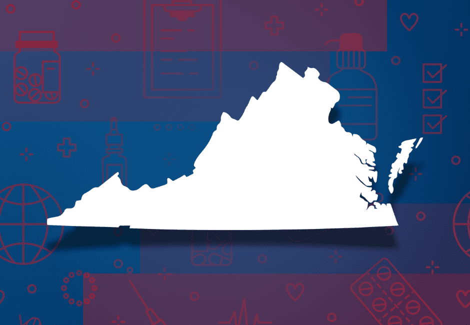 Medical Waste Virginia Virginia silhouette over red medical symbols on blue gradient background depicting medical waste disposal in Virginia