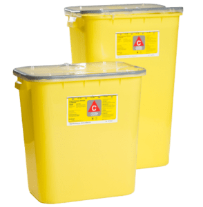 Two yellow containers labeled for chemotherapy waste used in safe medical waste disposal and compliant healthcare practices.