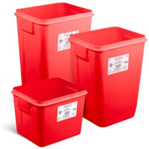 Red PGII compliant containers in various sizes used for safe sharps disposal in medical and healthcare facilities.