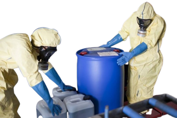 image of 2 workers wearing hazmat suites while handling hazardous waste