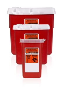 Stacked red disposable containers labeled for biohazard use, designed for safe and compliant sharps disposal.